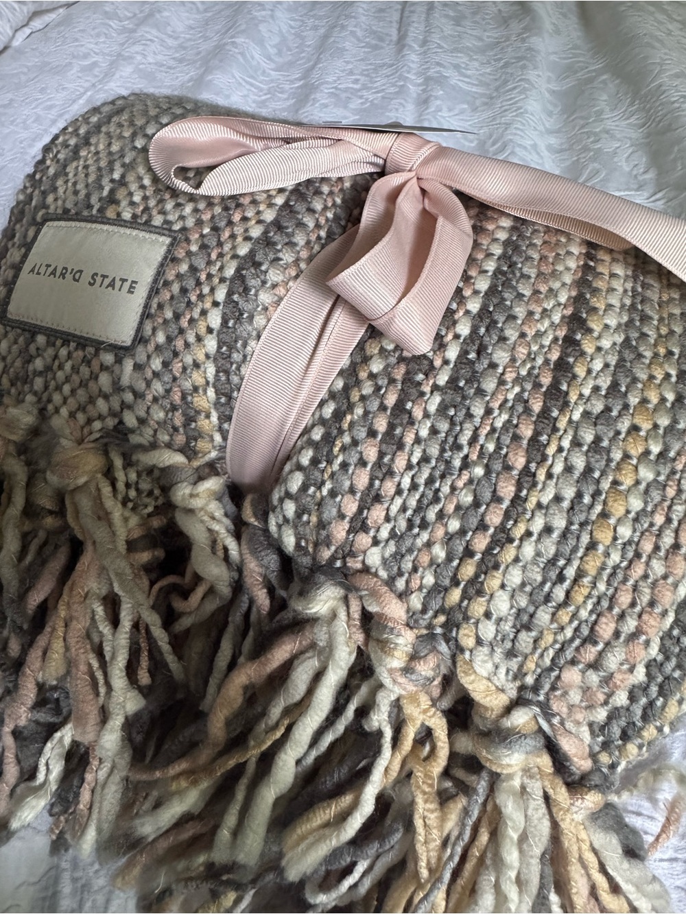 Altar'd State Pink, Cream & Gray Chunky Woven Fringe Throw